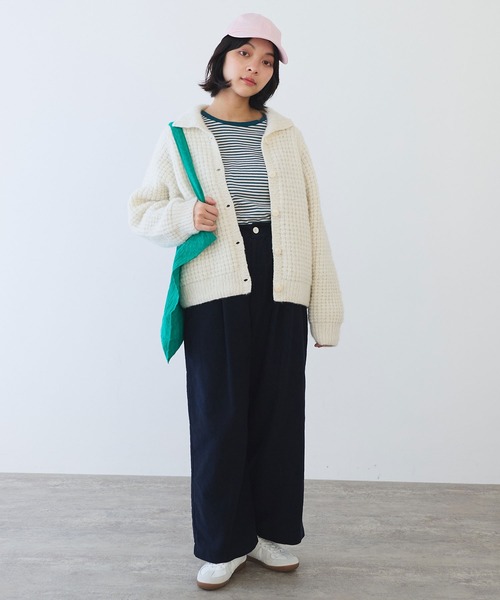 bulle de savon（ビュルデサボン）の「ネパールハンドニット ウール/ナイロン waffle ニットジャケット（ニット/セーター・レディース・グリーン/ホワイト・FREE）」の13枚目の写真