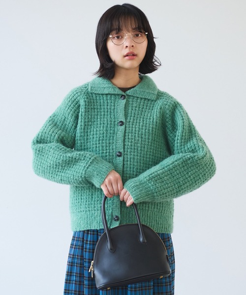 bulle de savon（ビュルデサボン）の「ネパールハンドニット ウール/ナイロン waffle ニットジャケット（ニット/セーター・レディース・グリーン/ホワイト・FREE）」の14枚目の写真