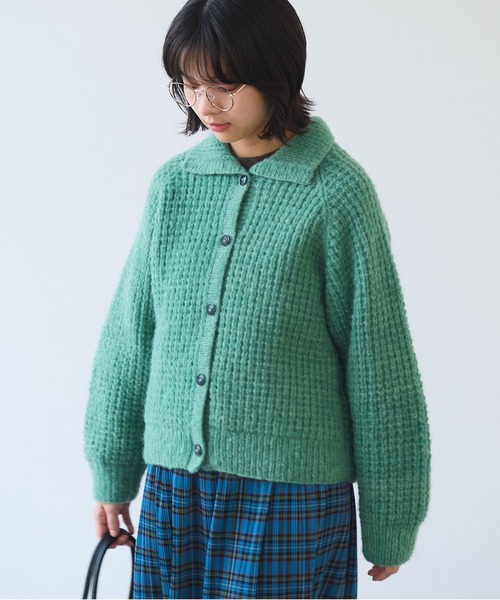 bulle de savon（ビュルデサボン）の「ネパールハンドニット ウール/ナイロン waffle ニットジャケット（ニット/セーター・レディース・グリーン/ホワイト・FREE）」の15枚目の写真