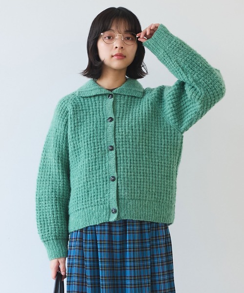 bulle de savon（ビュルデサボン）の「ネパールハンドニット ウール/ナイロン waffle ニットジャケット（ニット/セーター・レディース・グリーン/ホワイト・FREE）」の18枚目の写真