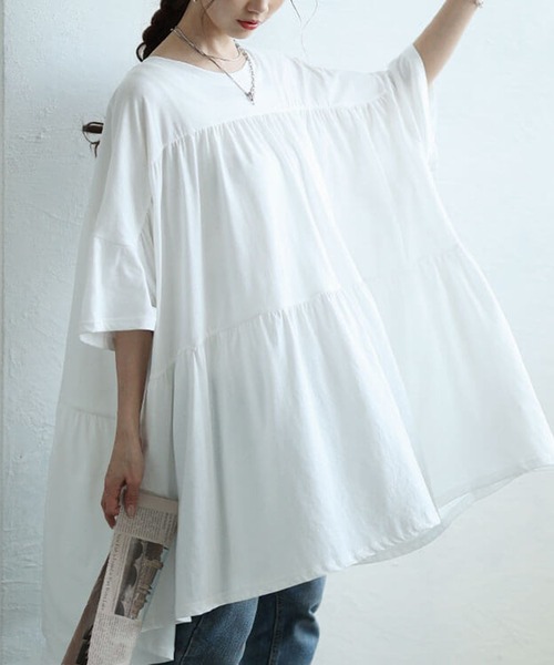 GOLDJAPAN(ゴールドジャパン)の「ビックティアードチュニックTシャツ【大きいサイズ対応】(チュニック・レディース・ベージュ系/ブラック/カーキ/オフホワイト・LL~3L/4L~5L)」の2枚目の写真