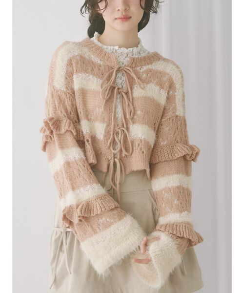 merry jenny（メリージェニー）の「fluffy border cardigan（カーディガン/ボレロ・レディース・ピンク/グレー/オフホワイト・FREE）」の3枚目の写真