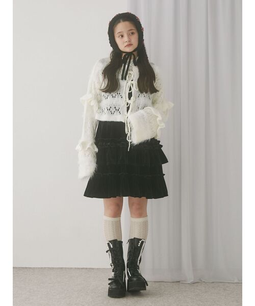 merry jenny（メリージェニー）の「fluffy border cardigan（カーディガン/ボレロ・レディース・ピンク/グレー/オフホワイト・FREE）」の4枚目の写真
