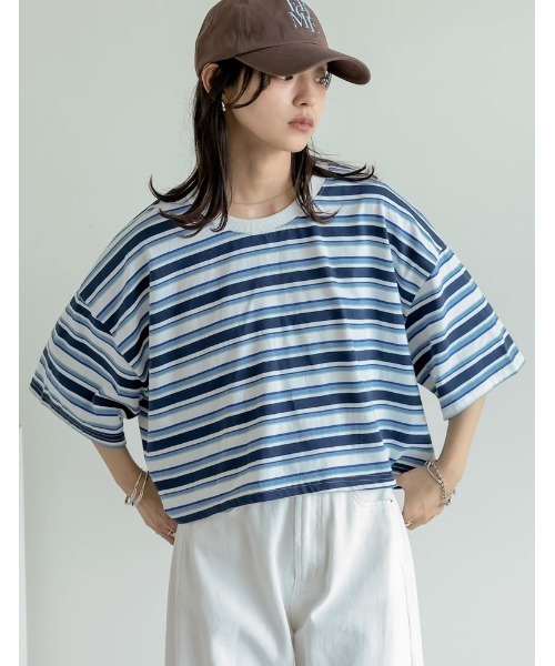 Re:EDIT（リエディ）の「[2025 SUMMER COLLECTION]綿天竺マルチボーダーＴシャツ（Tシャツ/カットソー・レディース・ネイビー/ブラウン/レッド・FREE）」の2枚目の写真