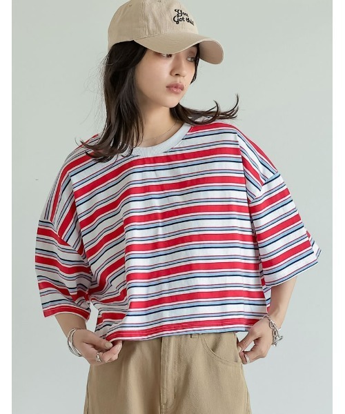 Re:EDIT（リエディ）の「[2025 SUMMER COLLECTION]綿天竺マルチボーダーＴシャツ（Tシャツ/カットソー・レディース・ネイビー/ブラウン/レッド・FREE）」の3枚目の写真