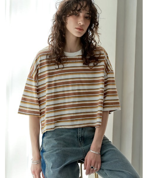 Re:EDIT（リエディ）の「[2025 SUMMER COLLECTION]綿天竺マルチボーダーＴシャツ（Tシャツ/カットソー・レディース・ネイビー/ブラウン/レッド・FREE）」の4枚目の写真