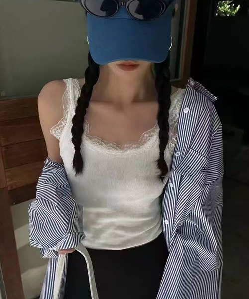 MILAE（ミレ）の「刺繍レースリブ編みタンクトップ（タンクトップ・レディース・ホワイト/ブラック/グレー・FREE）」の2枚目の写真