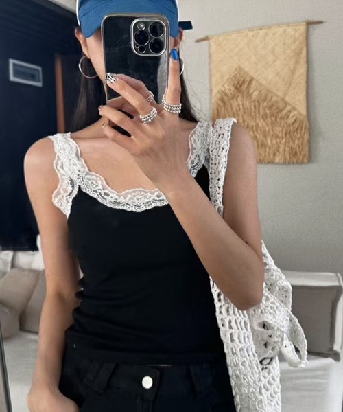 MILAE（ミレ）の「刺繍レースリブ編みタンクトップ（タンクトップ・レディース・ホワイト/ブラック/グレー・FREE）」の3枚目の写真