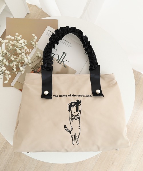 セール】ネコの刺繍フリルハンドルトート（トートバッグ
