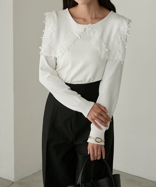 Cherir Mignon(シェリルミニョン)の「【Cherir Mignon】レースビッグカラーニットプルオーバー(ニット/セーター・レディース・ブラック/アイボリー・FREE)」の13枚目の写真