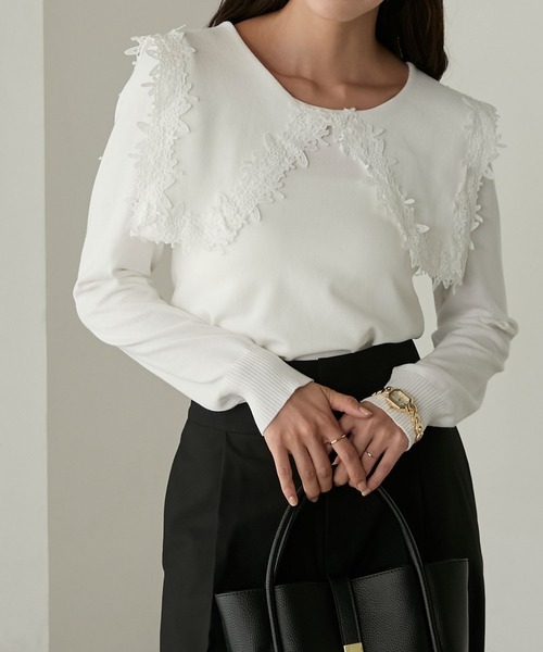 Cherir Mignon(シェリルミニョン)の「【Cherir Mignon】レースビッグカラーニットプルオーバー(ニット/セーター・レディース・ブラック/アイボリー・FREE)」の14枚目の写真