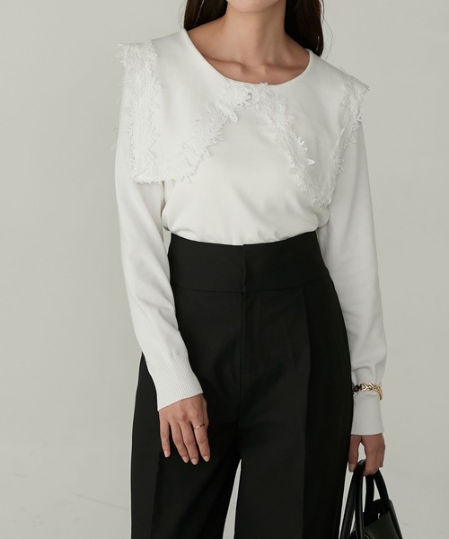 Cherir Mignon(シェリルミニョン)の「【Cherir Mignon】レースビッグカラーニットプルオーバー(ニット/セーター・レディース・ブラック/アイボリー・FREE)」の15枚目の写真