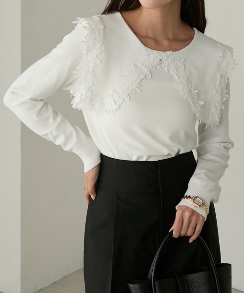 Cherir Mignon(シェリルミニョン)の「【Cherir Mignon】レースビッグカラーニットプルオーバー(ニット/セーター・レディース・ブラック/アイボリー・FREE)」の20枚目の写真