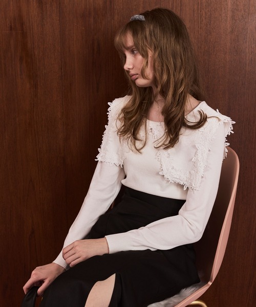 Cherir Mignon(シェリルミニョン)の「【Cherir Mignon】レースビッグカラーニットプルオーバー(ニット/セーター・レディース・ブラック/アイボリー・FREE)」の6枚目の写真