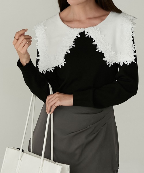 Cherir Mignon(シェリルミニョン)の「【Cherir Mignon】レースビッグカラーニットプルオーバー(ニット/セーター・レディース・ブラック/アイボリー・FREE)」の21枚目の写真