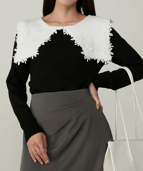 Cherir Mignon(シェリルミニョン)の「【Cherir Mignon】レースビッグカラーニットプルオーバー(ニット/セーター・レディース・ブラック/アイボリー・FREE)」の22枚目の写真