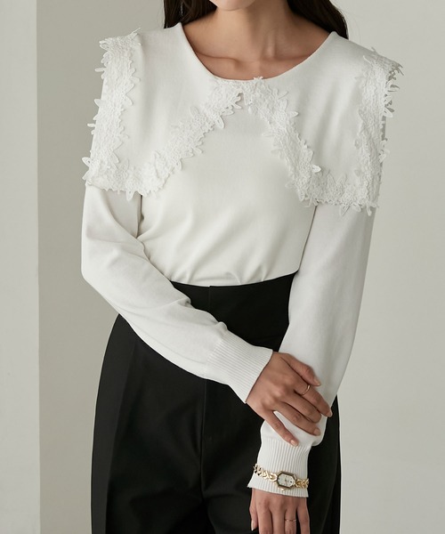 Cherir Mignon(シェリルミニョン)の「【Cherir Mignon】レースビッグカラーニットプルオーバー(ニット/セーター・レディース・ブラック/アイボリー・FREE)」の12枚目の写真