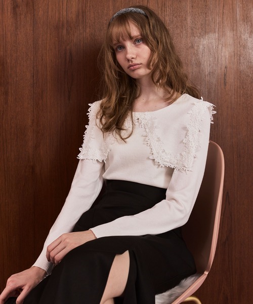 Cherir Mignon(シェリルミニョン)の「【Cherir Mignon】レースビッグカラーニットプルオーバー(ニット/セーター・レディース・ブラック/アイボリー・FREE)」の3枚目の写真