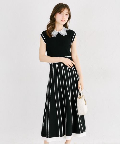 tocco closet(トッコ クローゼット)の「2WAYフラワーレース襟付き配色ラインプリーツニットワンピース(ワンピース・レディース・オフホワイト/ベージュ/ラベンダー/ブラック・M)」の2枚目の写真