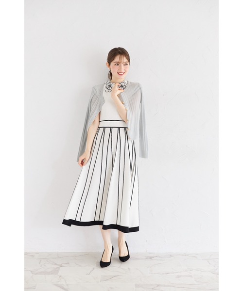 2WAYフラワーレース襟付き配色ラインプリーツニットワンピース