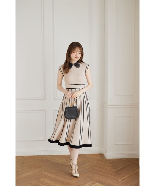 2WAYフラワーレース襟付き配色ラインプリーツニットワンピース