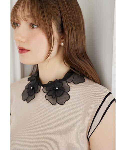 2WAYフラワーレース襟付き配色ラインプリーツニットワンピース