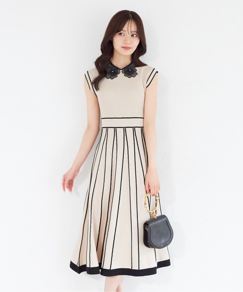 2WAYフラワーレース襟付き配色ラインプリーツニットワンピース