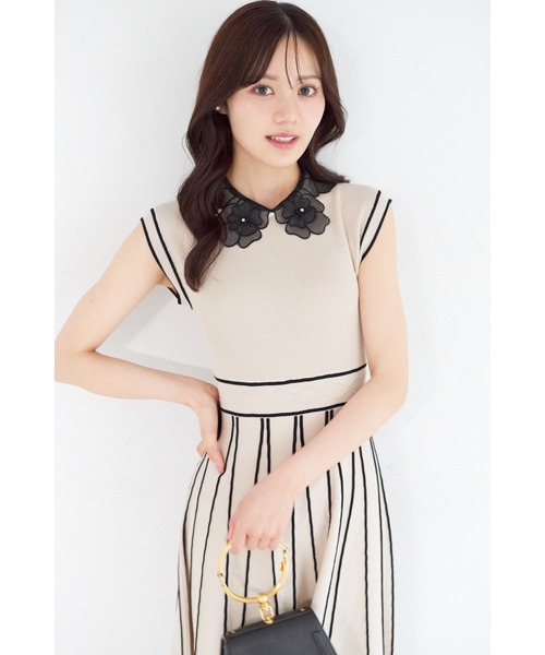 【新品未使用】tocco フラワーレース襟付き配色ラインプリーツニットワンピース 2WAYフラワーレース襟付き配色ラインプリーツニットワンピース