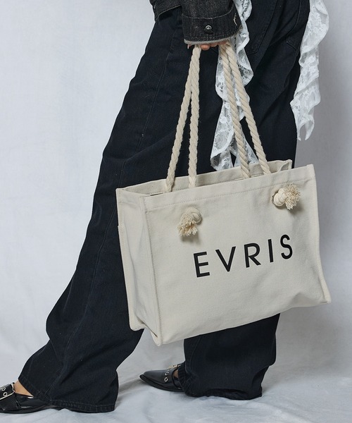 EVRIS（エヴリス）の「【EVRIS/エヴリス】ロゴファブリック　プリントロープトートバッグ／A4収納可（トートバッグ・レディース・ブラック/アイボリー/ワンウォッシュ・FREE）」の2枚目の写真