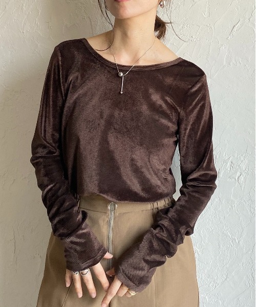 セール】バックオープンボートネック長袖シアーベロアトップス（T
