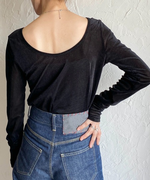 セール】バックオープンボートネック長袖シアーベロアトップス（T