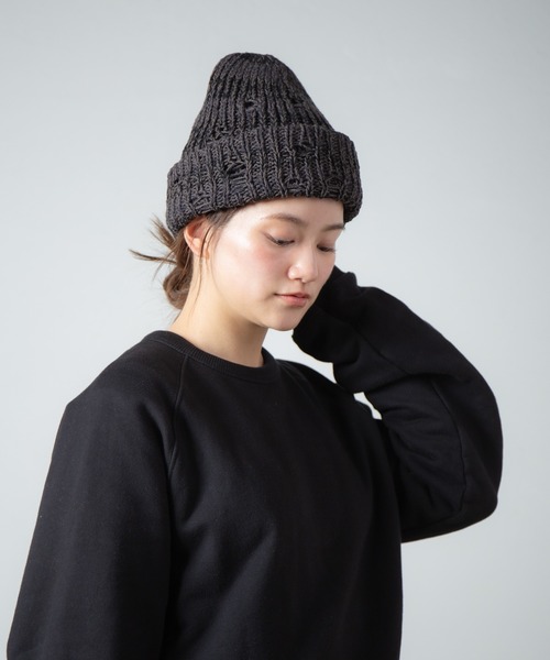RACAL（ラカル）の「Low Gauge Ripped Knit Watch / ローゲージダメージ加工ニットワッチ（ニットキャップ/ビーニー・レディース・ブラック×グレー/ブルー系その他/ベージュ系その他/レッド系その他・FREE）」の2枚目の写真