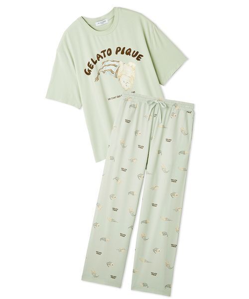 gelato pique（ジェラートピケ）の「【ONLINE限定】【HOMME】sleeping cat ワンポイントTシャツ＆総柄ロングパンツセット（ルームウェア/パジャマ・メンズ・ミント/オフホワイト/ネイビー・M/L）」の4枚目の写真
