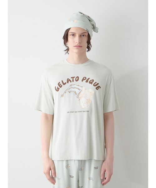 gelato pique（ジェラートピケ）の「【ONLINE限定】【HOMME】sleeping cat ワンポイントTシャツ＆総柄ロングパンツセット（ルームウェア/パジャマ・メンズ・ミント/オフホワイト/ネイビー・M/L）」の11枚目の写真