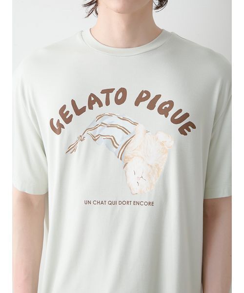 gelato pique（ジェラートピケ）の「【ONLINE限定】【HOMME】sleeping cat ワンポイントTシャツ＆総柄ロングパンツセット（ルームウェア/パジャマ・メンズ・ミント/オフホワイト/ネイビー・M/L）」の15枚目の写真