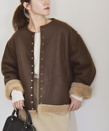 quaranciel | quaranciel: ムートンライク ボア ボンディング ノーカラー スナップ ブルゾン(ノーカラーコート)