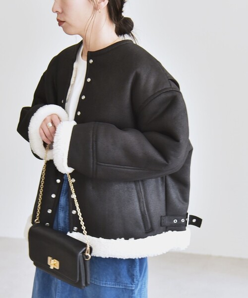 quaranciel(カランシエル)の「quaranciel: ムートンライク ボア ボンディング ノーカラー スナップ ブルゾン(ノーカラーコート・レディース・ブラック/ブラウン・ONE SIZE)」の6枚目の写真