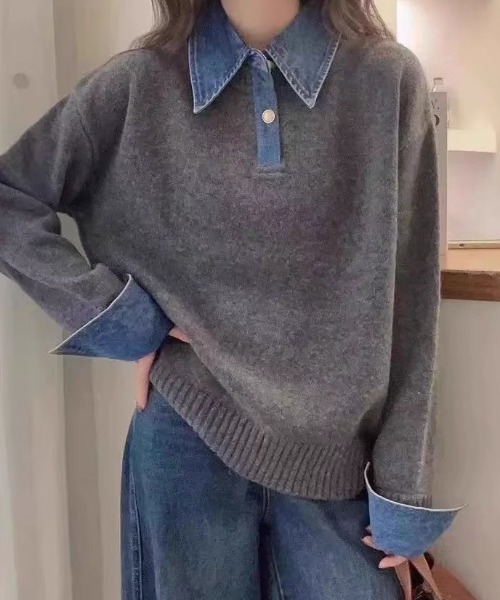 セール】デニムドッキングプルオーバーニットポロ（ニット/セーター