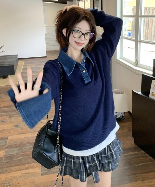 セール】デニムドッキングプルオーバーニットポロ（ニット/セーター