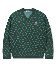 XTONZ（エクストーンズ）の「XTK171 Argyle V-Neck Pullover Knit (GREEN)（ニット/セーター・メンズ）」