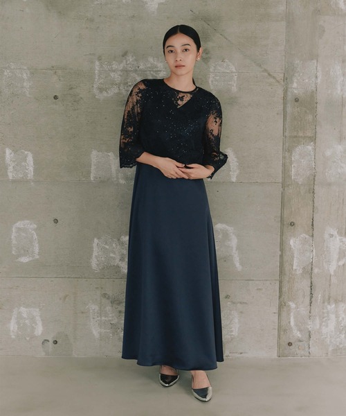 kaene（カエン）の「シャイニーレースレイヤードドレス[eneak]（ドレス・レディース・ネイビー/ブラック/グレイッシュベージュ・S/M/L）」の4枚目の写真