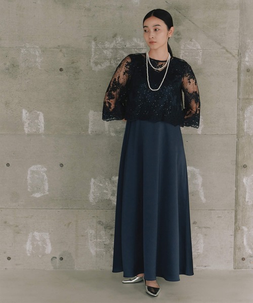 kaene（カエン）の「シャイニーレースレイヤードドレス[eneak]（ドレス・レディース・ネイビー/ブラック/グレイッシュベージュ・S/M/L）」の7枚目の写真