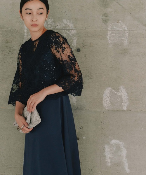 kaene（カエン）の「シャイニーレースレイヤードドレス[eneak]（ドレス・レディース・ネイビー/ブラック/グレイッシュベージュ・S/M/L）」の8枚目の写真