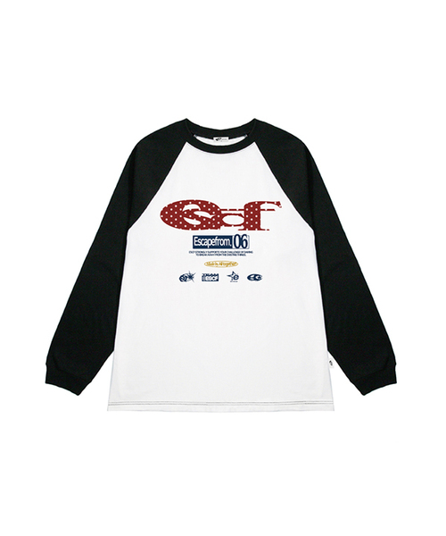 ESCAPEFROM（エスケープフロム）の「レッドドット ESCFロゴコラージュプリントロングスリーブ [3色]（Tシャツ/カットソー・レディース・ホワイト/ブラック/ブラック×ホワイト・MEDIUM/LARGE/SMALL）」の3枚目の写真