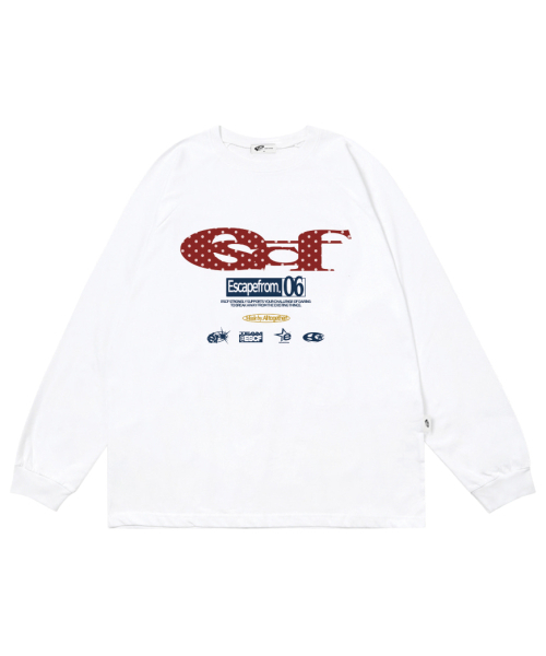 ESCAPEFROM（エスケープフロム）の「レッドドット ESCFロゴコラージュプリントロングスリーブ [3色]（Tシャツ/カットソー・レディース・ホワイト/ブラック/ブラック×ホワイト・MEDIUM/LARGE/SMALL）」の4枚目の写真
