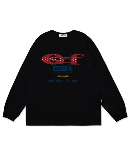 ESCAPEFROM（エスケープフロム）の「レッドドット ESCFロゴコラージュプリントロングスリーブ [3色]（Tシャツ/カットソー・レディース・ホワイト/ブラック/ブラック×ホワイト・MEDIUM/LARGE/SMALL）」の6枚目の写真