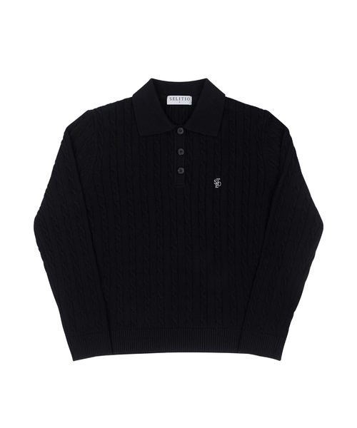 セール】レディース カラーポイントケーブルカラー ニット ブラック