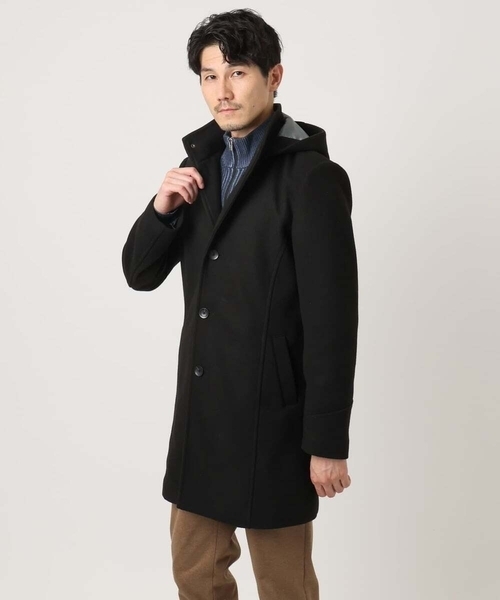 MK MICHEL KLEIN HOMME （エムケーミッシェルクランオム）の「【4サイズ展開/フード着脱/ストレッチ】フード付きコート/RETECメルトン（ステンカラーコート・メンズ・ブラック/ブラウン/ライトブラウン・51/48/46）」の2枚目の写真