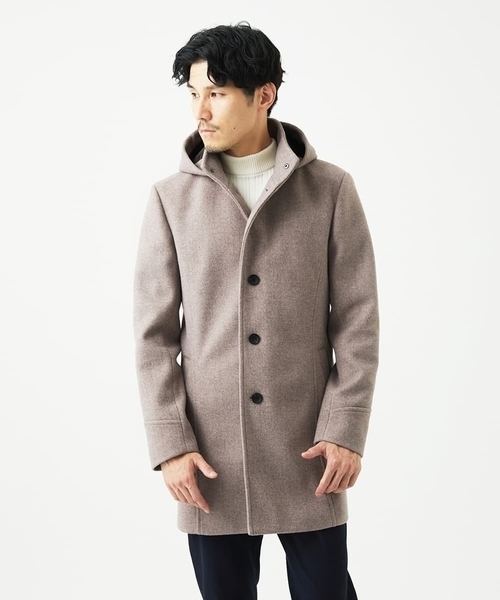 MK MICHEL KLEIN HOMME （エムケーミッシェルクランオム）の「【4サイズ展開/フード着脱/ストレッチ】フード付きコート/RETECメルトン（ステンカラーコート・メンズ・ブラック/ブラウン/ライトブラウン・51/48/46）」の4枚目の写真