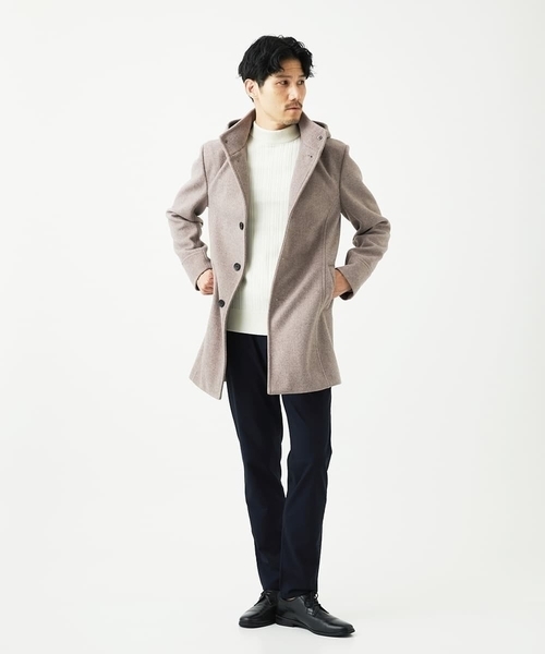 MK MICHEL KLEIN HOMME （エムケーミッシェルクランオム）の「【4サイズ展開/フード着脱/ストレッチ】フード付きコート/RETECメルトン（ステンカラーコート・メンズ・ブラック/ブラウン/ライトブラウン・51/48/46）」の5枚目の写真